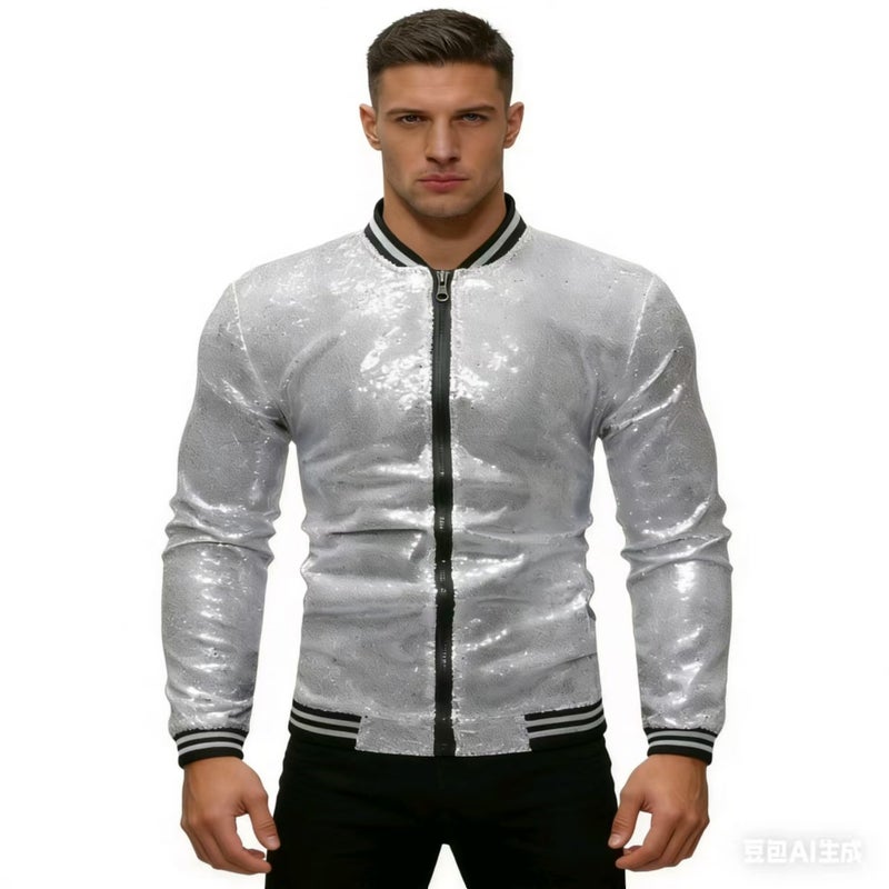 2025 New Fashion Jacket Men'S Clothing Selling Men'S Stand Collar Contrast Color Sequin Jacket Jacket - Image 4